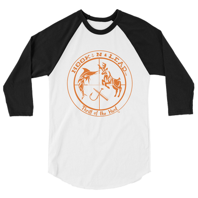 HOOKNLEAD.com offers men and woman a 3/4 raglan sleeve t shirt for outdoors man that hunt fish in blazing orange  print