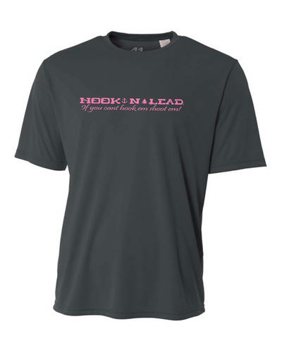 Ladies charcoal grey DRI FIT Performance short sleeve shirt with neon pink print