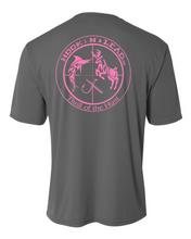 Ladies charcoal grey DRI FIT Performance short sleeve shirt with neon pink print