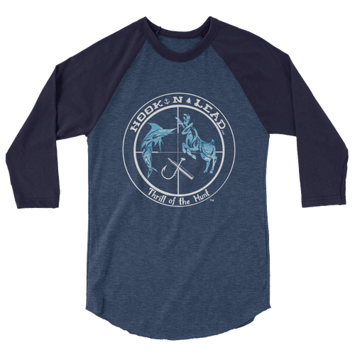 HOOKNLEAD.com offers men and woman a 3/4 sleeve raglan t shirt for outdoors man that hunt fish in ocean print