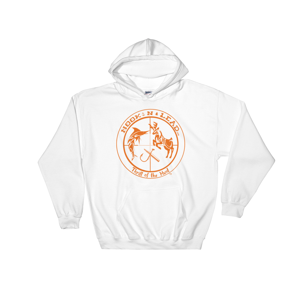 HOOKNLEAD.com offers men and woman a hoodie pullover for outdoors man that hunt fish in a blazing orange print