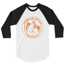 HOOKNLEAD.com offers men and woman a 3/4 raglan sleeve t shirt for outdoors man that hunt fish in blazing orange  print