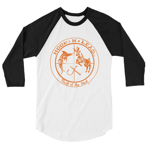 HOOKNLEAD.com offers men and woman a 3/4 raglan sleeve t shirt for outdoors man that hunt fish in blazing orange  print