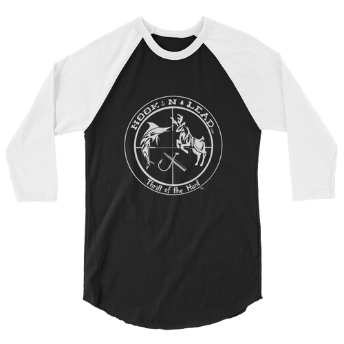 HOOKNLEAD.com offers men and woman a 3/4 sleeve raglan t shirt for outdoors man that hunt fish in white print