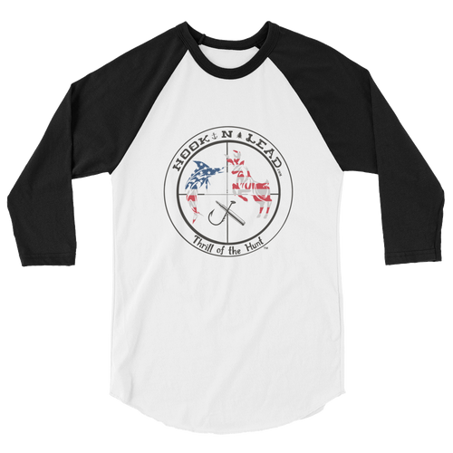 HOOKNLEAD.com offers men and woman a 3/4 sleeve raglan t shirt for outdoors man that hunt fish in stars and stripes print